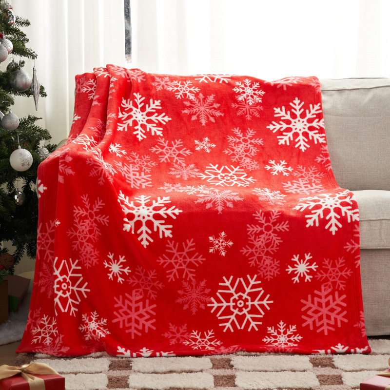 Quality Home Textiles - ผ้าห่มขนแกะพิมพ์ลายคริสต์มาส นุ่มสบายต่อผิว ผ้าคลุมไหล่สำหรับงีบหลับ เหมาะสำหรับโซฟาสำนักงาน ลายเกล็ดหิมะ กวางเอลค์
