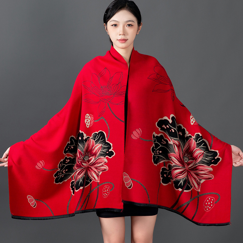 Home Textiles Blanket - ผู้หญิงฤดูหนาวผ้าคลุมไหล่ผ้าพันคอผ้าพันคอผ้าพันคอดอกไม้พิมพ์ผ้าคลุมไหล่ Pashmina ผ้าพันคออบอุ่นหนาผ้าห่มเดินทางหญิงทั้งหมด Echarpe