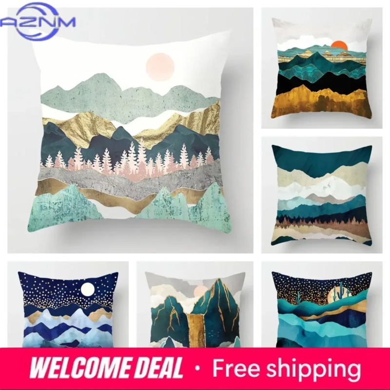 Sunrise Home Textiles & Apparel - ภูเขาเหนือแดนนอร์ดิกพระจันทร์ขึ้น ภาพวาดโลหะ ปลอกหมอนอิงตกแต่งโซฟา ปลอกหมอนอิงตกแต่งบ้าน 40*40 60*60