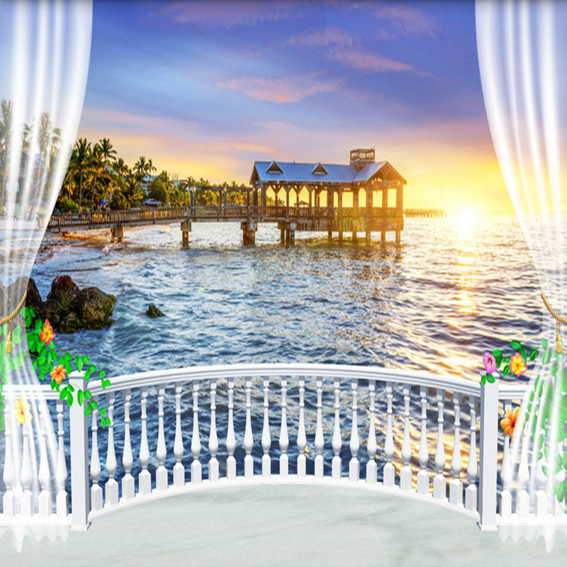 Sunrise Home Textiles & Apparel - วอลเปเปอร์ภาพถ่ายแบบกำหนดเอง 3 มิติ ระเบียงวิวทะเลสวยงาม พระอาทิตย์ขึ้น ภาพจิตรกรรมฝาผนัง