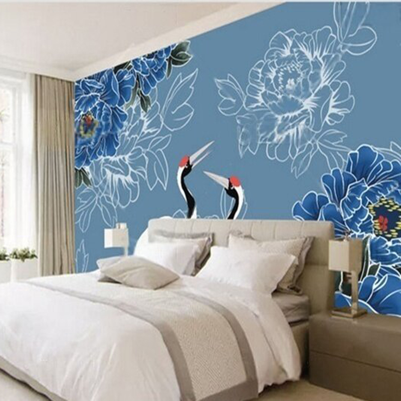Home Textiles Trends - วอลเปเปอร์ติดผนังลายดอกไม้และนกกระเรียนสไตล์จีน สำหรับตกแต่งห้องนอนบ้านหรู