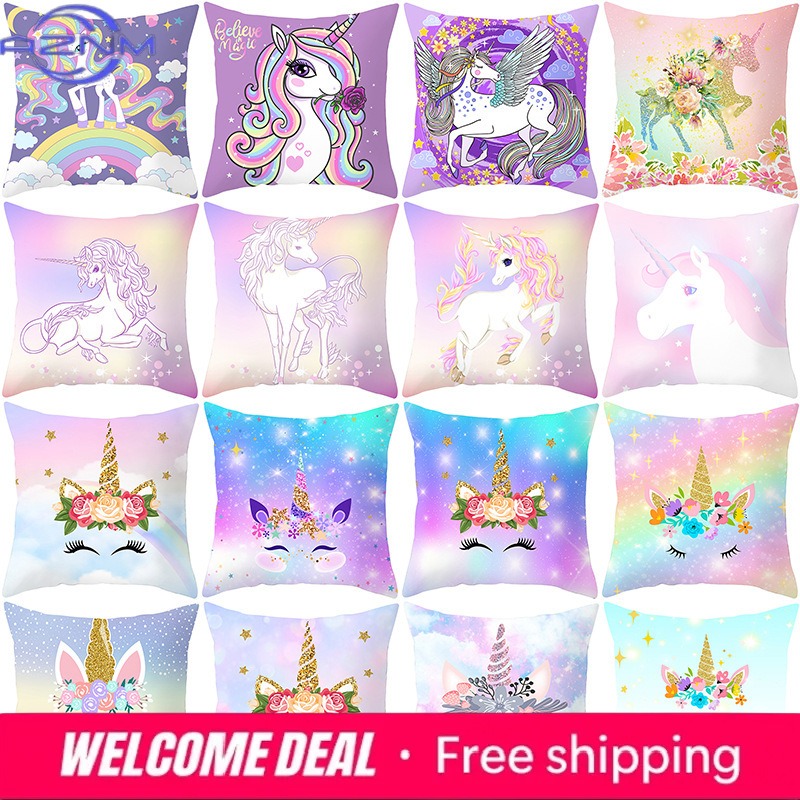 Sunrise Home Textiles & Apparel - ไทม์การ์ตูน ของตกแต่งบ้าน หมอน ปลอกหมอนยูนิคอร์นสีม่วง ปลอกหมอนโซฟา ลายสายรุ้งพระอาทิตย์ขึ้น