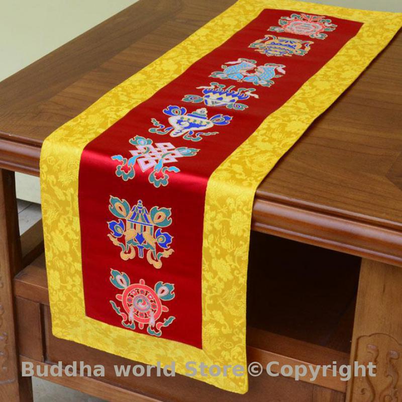 Home Art Textiles - พระพุทธศาสนาตกแต่งบ้านครอบครัวทิเบตวัดมงคล 8 สัญลักษณ์บูชาแท่นบูชาพระพุทธรูปตารางผ้าเบาะ