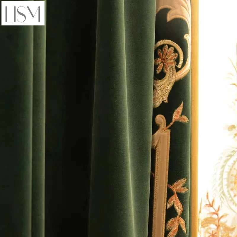 Home Textiles Luxury Curtains - ผ้าม่านหรูหราสไตล์ยุโรปสำหรับห้องนั่งเล่น ห้องรับประทานอาหาร ห้องนอน ผ้าสิ่งทอสำหรับบ้าน ผ้ากำมะหยี่สีเขียวฝรั่งเศสปักลายสำหรับวิลล่า