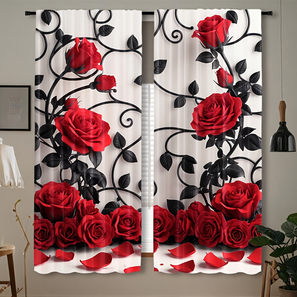Home Textiles Luxury Curtains - ผ้าม่านลายดอกกุหลาบสีแดงสุดหรู ผ้าม่านพิมพ์ลายโกธิคสีดำ ตกแต่งหน้าต่างห้องนอนสไตล์โรแมนติก ผ้าตกแต่งบ้าน