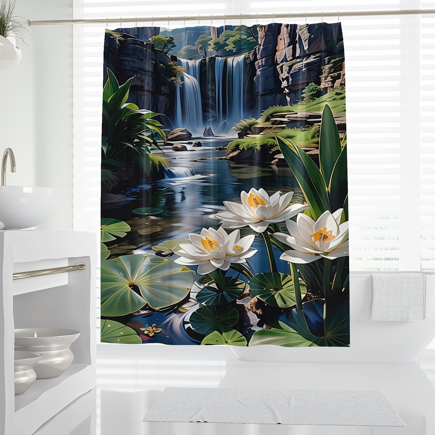 Home Textiles Luxury Curtains - ผ้าม่านอาบน้ำโพลีเอสเตอร์กันน้ำ ลายธรรมชาติ ดอกบัว น้ำตกเขตร้อน ตกแต่งห้องน้ำ ผ้าม่านลายป่า