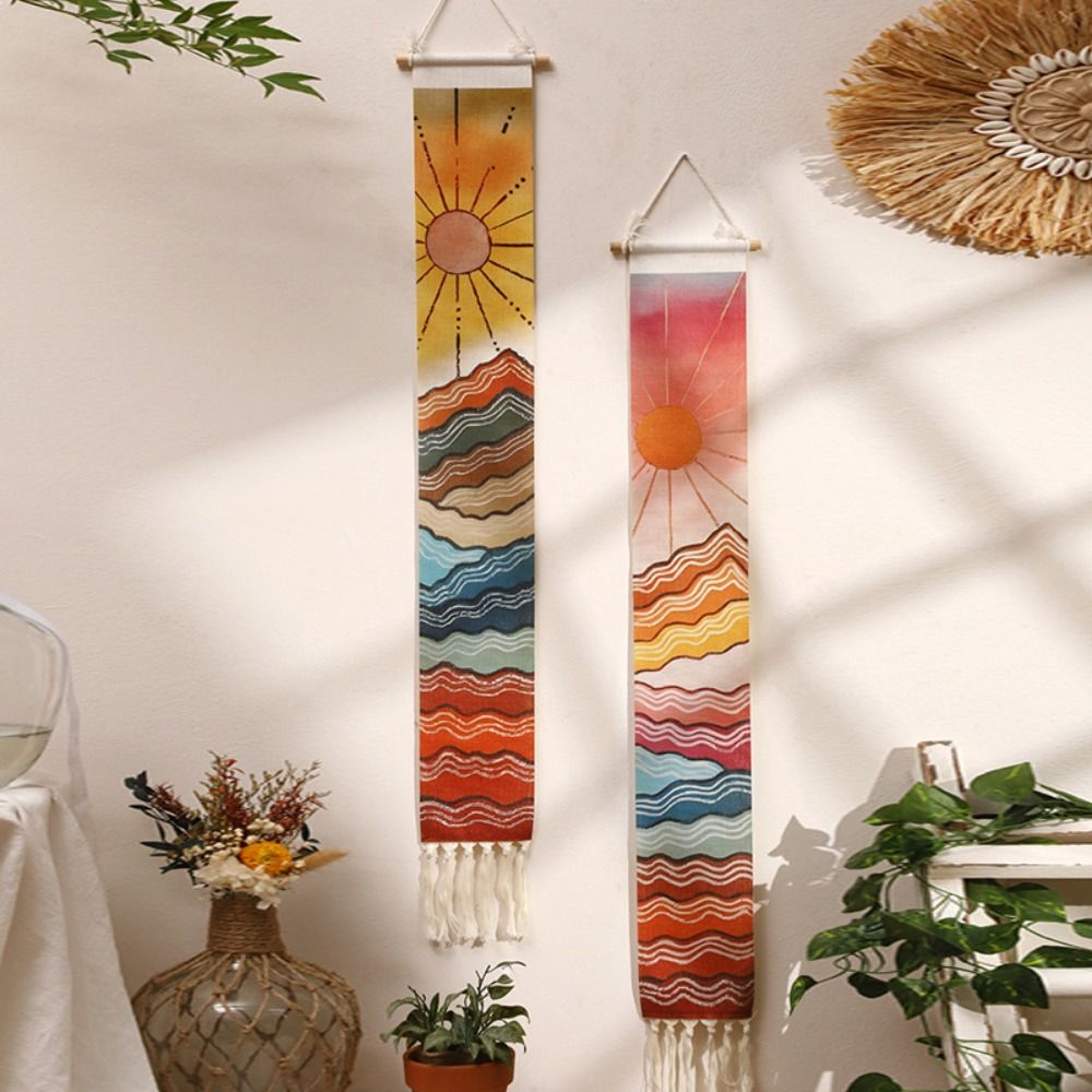 Sunrise Home Textiles & Apparel - ผ้าแขวนผนังภูเขาที่สวยงามพระอาทิตย์ขึ้นและพระอาทิตย์ตกความงามโบโฮตกแต่งบ้านตกแต่งห้องมาคราเม่แขวนผนังตกแต่งบ้านห้อง