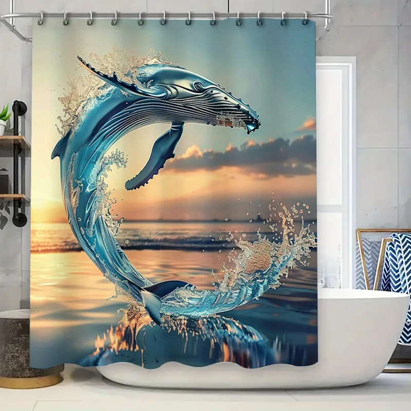Home Textiles Luxury Curtains - ปลาวาฬสีฟ้าพิมพ์ผ้าม่านกันน้ําตกแต่งห้องน้ําตกแต่งบ้านสิ่งทอปรับแต่งขนาด fr
