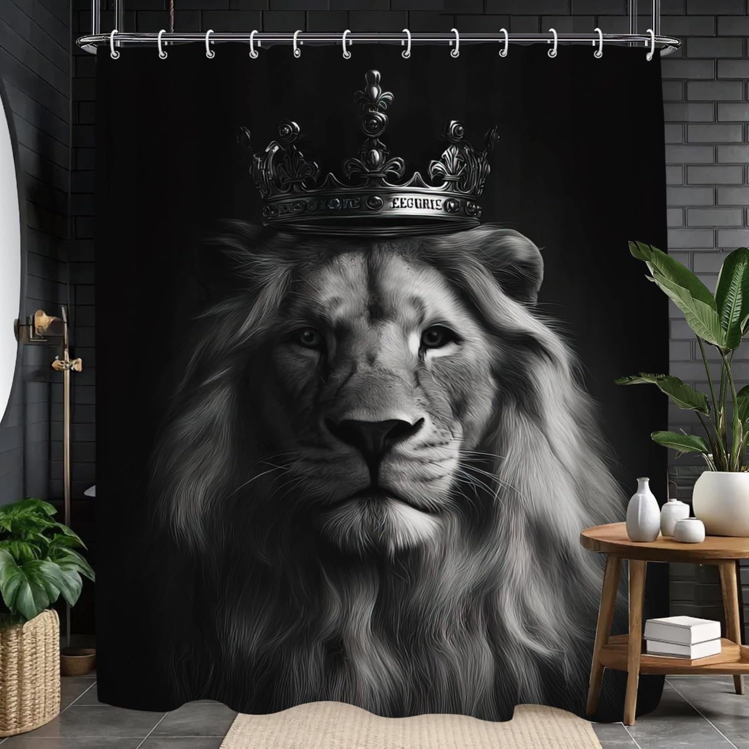 Home Textiles Luxury Curtains - ม่านอาบน้ำลายมงกุฎราชาสิงโตอันสง่างาม สำหรับตกแต่งห้องน้ำ ของตกแต่งบ้าน สไตล์หรูหรา ภาพสัตว์แบบโกธิค กันน้ำ