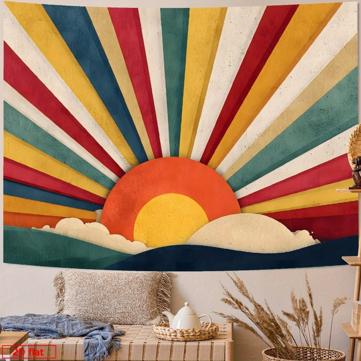 Sunrise Home Textiles & Apparel - ผ้าแขวนผนังลายพระอาทิตย์สไตล์โบโฮเรโทร ศิลปะเรขาคณิตยุคกลางศตวรรษ สำหรับตกแต่งบ้านสไตล์โบโฮชิค