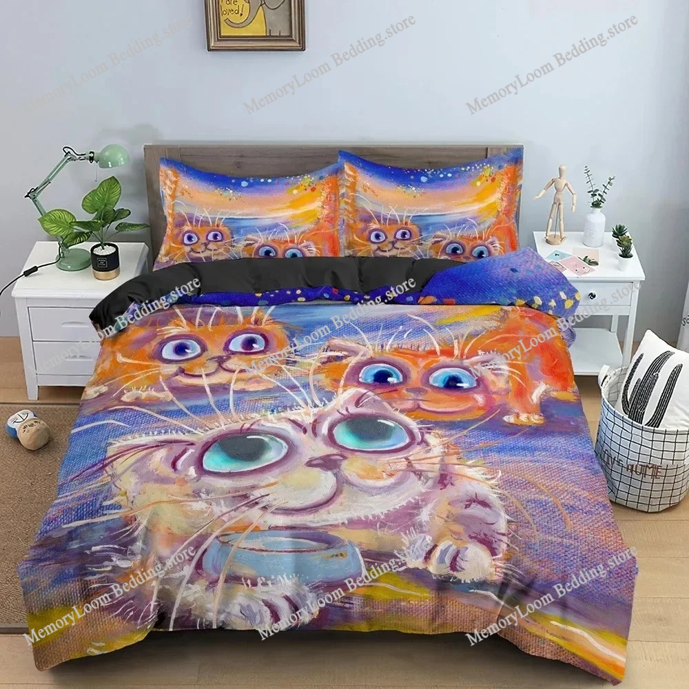 Home Textiles Trends - ชุดเครื่องนอนลายการ์ตูนแมวสีน้ำทันสมัย ขนาดเตียงเดี่ยว/คู่ ปลอกผ้านวมพิมพ์ลาย 3 มิติ ชุดเครื่องนอนเนื้อนุ่มมีสไตล์
