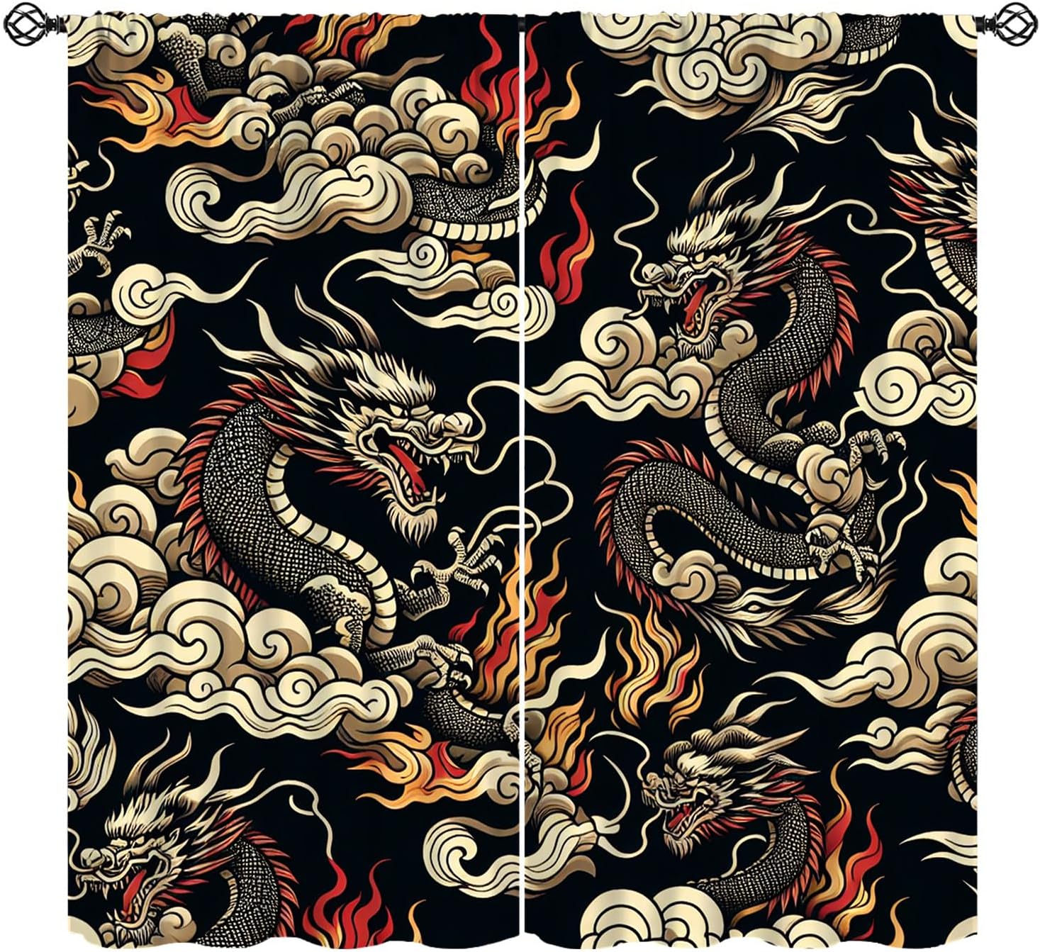 Home Textiles Luxury Curtains - ม่านลายมังกรเอเชียสุดหรู พื้นหลังสีดำ สไตล์จีนตะวันออก ผ้าม่านตกแต่งหน้าต่างสำหรับห้องนั่งเล่น ผ้าตกแต่งบ้าน