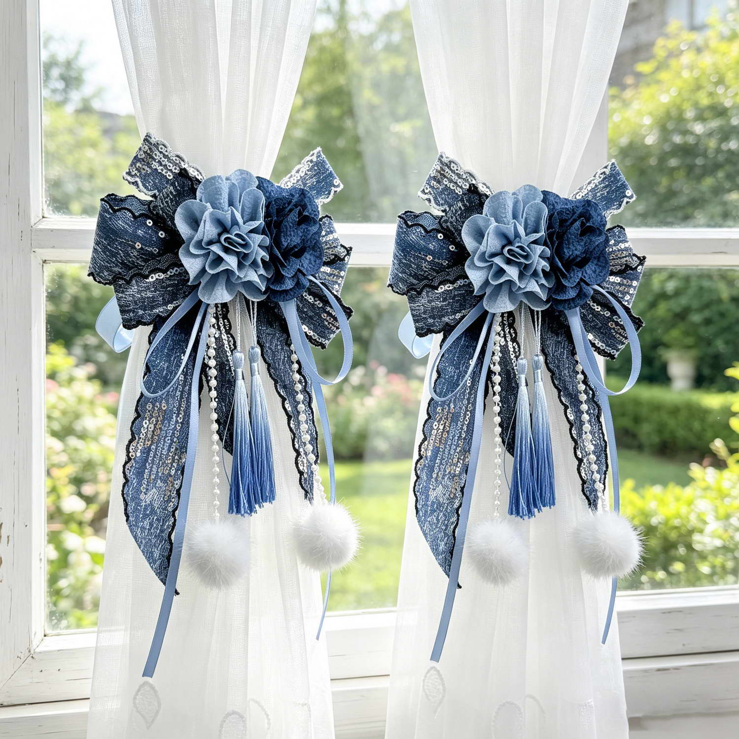 ผ้าม่านรัดม่านลายดอกไม้สีน้ำเง - Home Textiles Luxury Curtains บทวิจารณ์และราคา