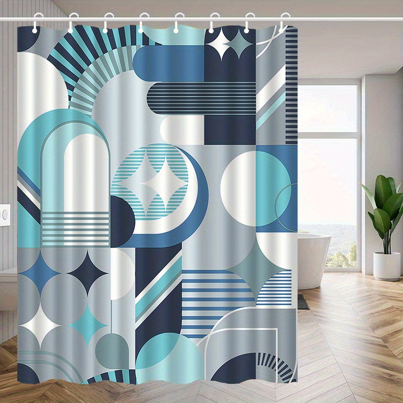 ม่านอาบน้ำลายเรขาคณิตสีฟ้า โมเ - Home Textiles Luxury Curtains บทวิจารณ์และราคา
